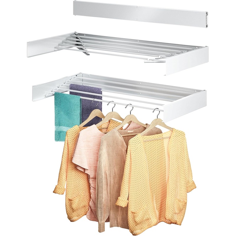 kenvc Laundry Drying Rack Collapsible: Wall Mounted Clothes Drying Rack – 31.4 Wide 13.2 Linear Ft 5 Aluminum Rods 60 lb Capacity