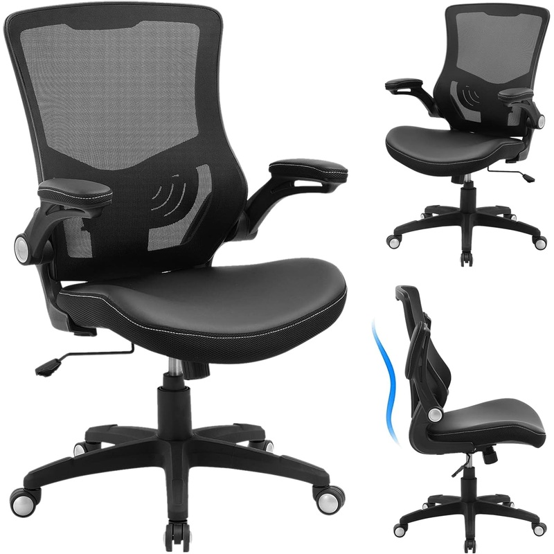 Office Chair Ergonomic Desk Chair, Computer PU Leather Home Office Chair, Swivel Mesh Back Adjustable Lumbar Support Flip-up Arms Executive Task Chair | Bigbigmart.com