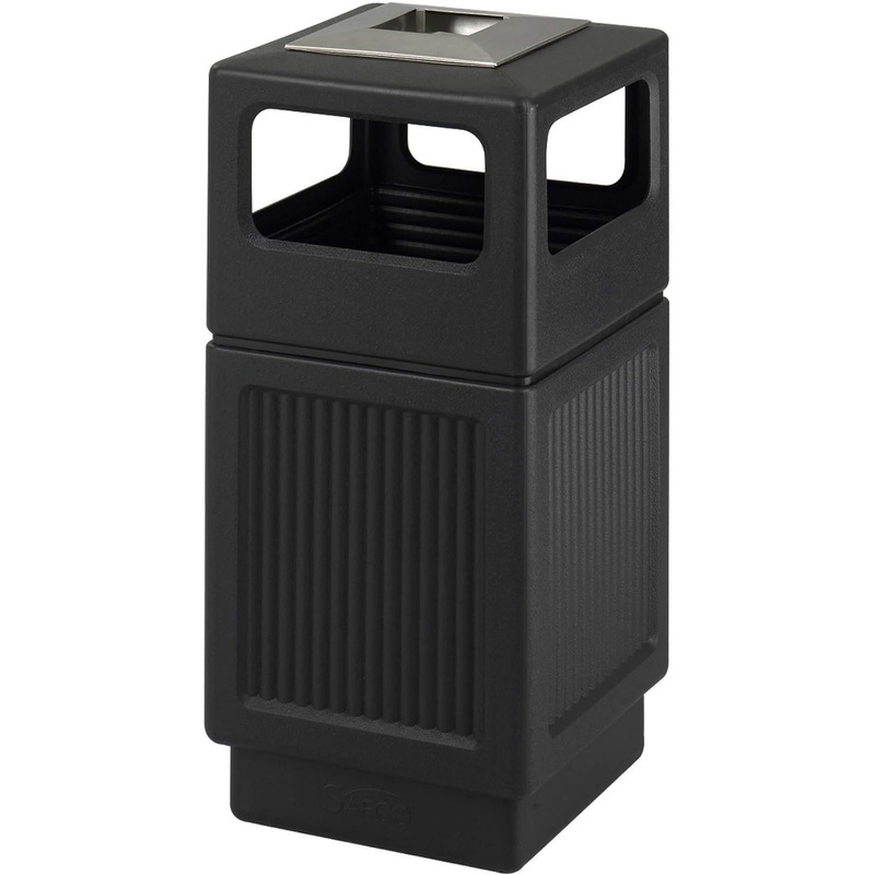 Safco Products 9477BL Canmeleon Outdoor Indoor Recessed Panel Trash, Garbage Can & Cigarette Ash Black Decorative Fluted Panels, Stainless Steel Ashtray, Plastic Liner Easy Clean, 38 Gallon Capacity | Bigbigmart.com