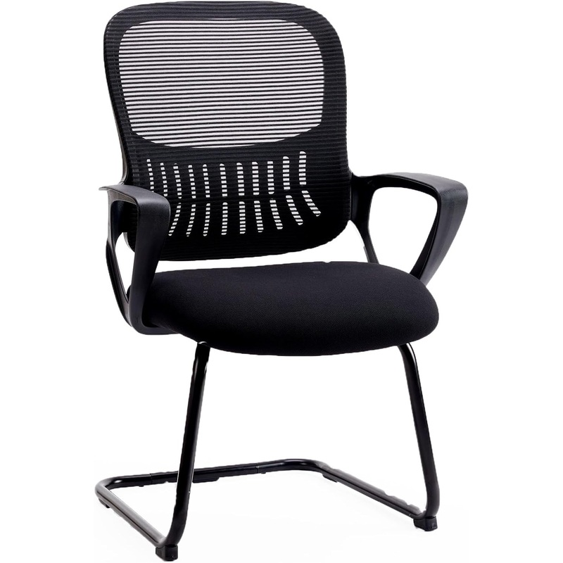 SMUG Desk Chair No Wheels, Mid Back Computer Chair Ergonomic Mesh Office Chair with Larger Seat, Executive Sled-Base Task Chair with Lumbar Support and Armrests for Women Adults, Black | Bigbigmart.com