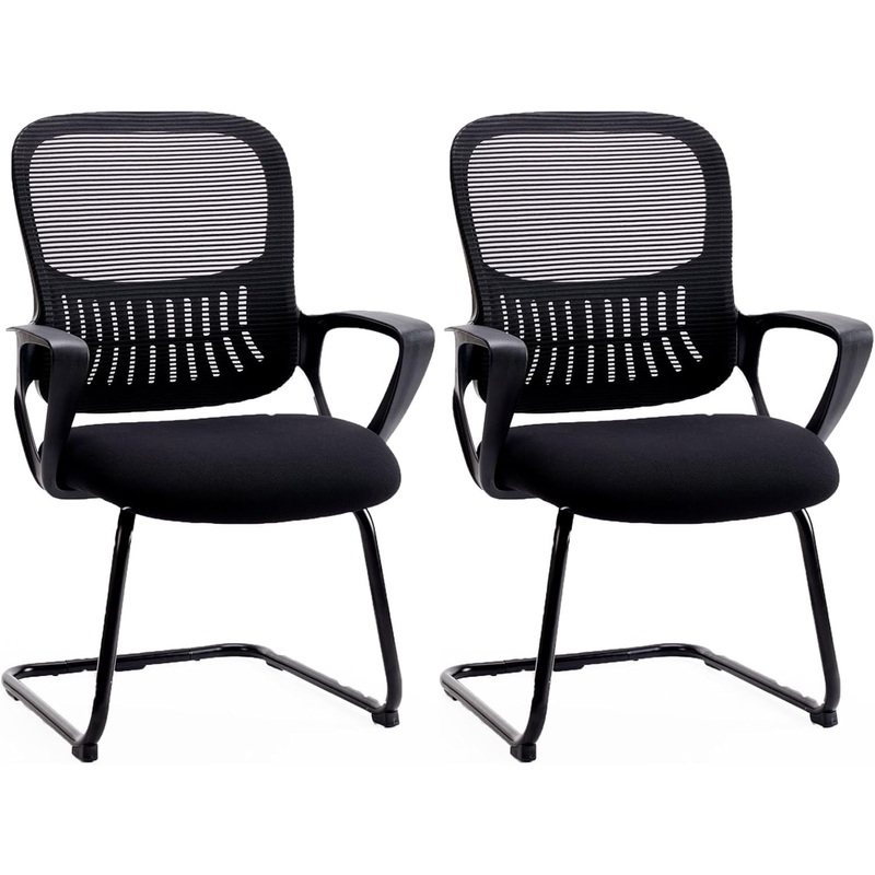 SMUG Desk Chair No Wheels Set of 2, Mid Back Computer Chair Ergonomic Mesh Office Chair with Larger Seat, Executive Sled-Base Task Chair with Lumbar Support and Armrests for Women Adults, Black | Bigbigmart.com