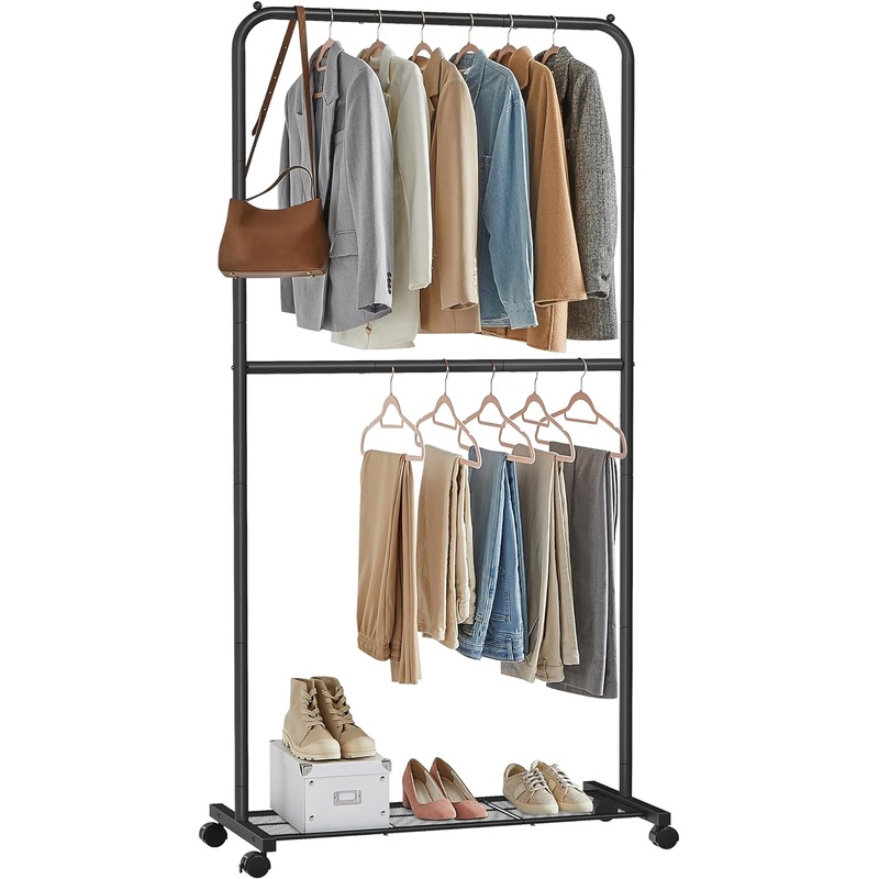 SONGMICS Clothes Rack with Wheels, 36 Inch Double-Rod Garment Rack, Clothing Rack, 44 lb Load Capacity, 2 Brakes, Steel Frame, Black UHSR027B01