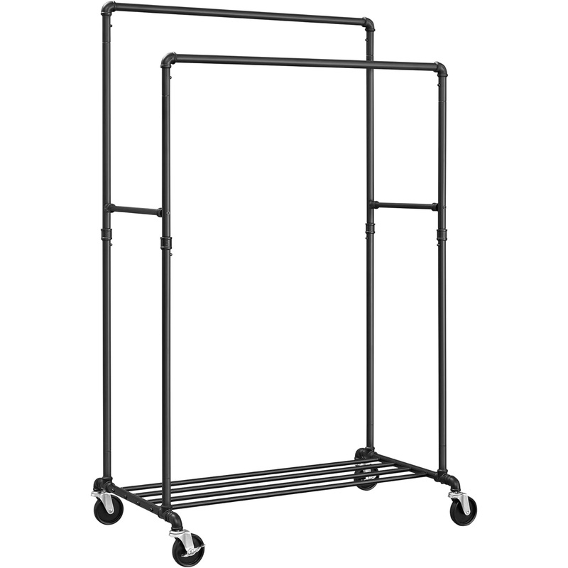 SONGMICS Heavy-Duty Clothes Rack, 39.4 Inch Clothing Rack with Storage Shelf, Double-Rod Garment Rack on Wheels, Metal Frame, 2 Casters with Brakes, Holds up to 198 lb, Black UHSR60B | Bigbigmart.com
