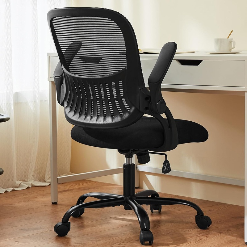 Sweetcrispy Office Computer Desk Chair, Ergonomic Mid-Back Mesh Rolling Work Swivel Task Chairs with Wheels, Comfortable Lumbar Support, Comfy Flip-up Arms for Home, Bedroom, Study, Student, Black | Bigbigmart.com