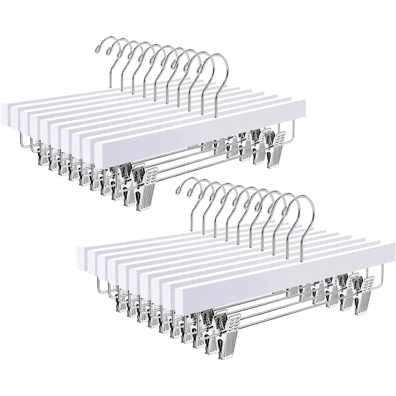 Amber Home White Wooden Pants Skirts Hangers 24 Pack, Solid Wood Trousers Bottom Hanger with 2-Adjustable Clips, Clips Hangers (White, 24 Pack)
