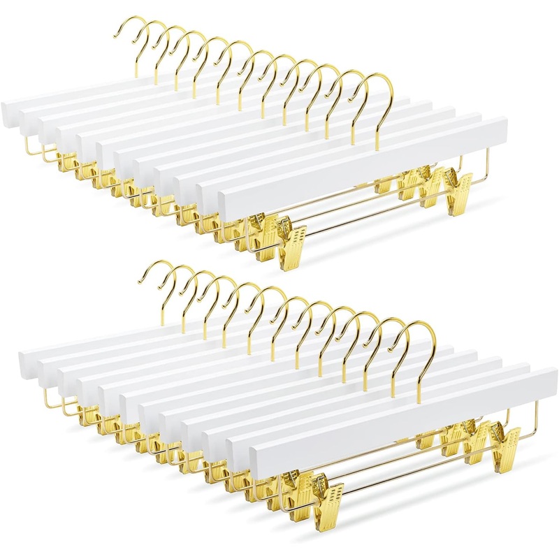 Amber Home White Wooden Pants Skirts Hangers 24 Pack, Solid Wood Trousers Bottom Hanger with 2-Adjustable Gold Clips, Clips Hangers for Slacks, Jeans, Shorts (White + Gold, 24) | Bigbigmart.com
