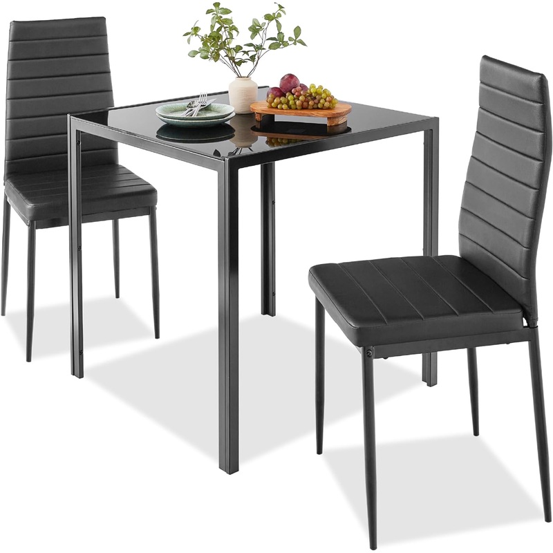 Best Choice Products 3-Piece Dining Set, Modern Kitchen Table Furniture for Dining Room, Dinette, Compact Space-Saving w/Glass Tabletop, 2 Upholstered PU Leather Chairs, Steel Frame – Black | Bigbigmart.com