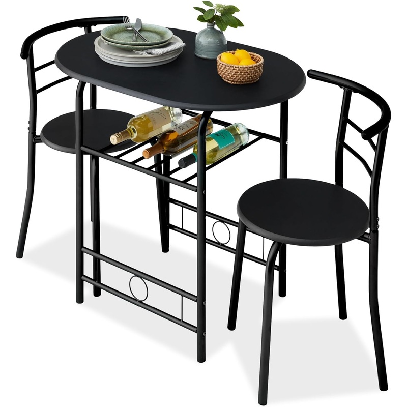 Best Choice Products 3-Piece Wooden Round Table & Chair Set for Kitchen, Dining Room, Compact Space w/Steel Frame, Built-in Wine Rack – Black | Bigbigmart.com