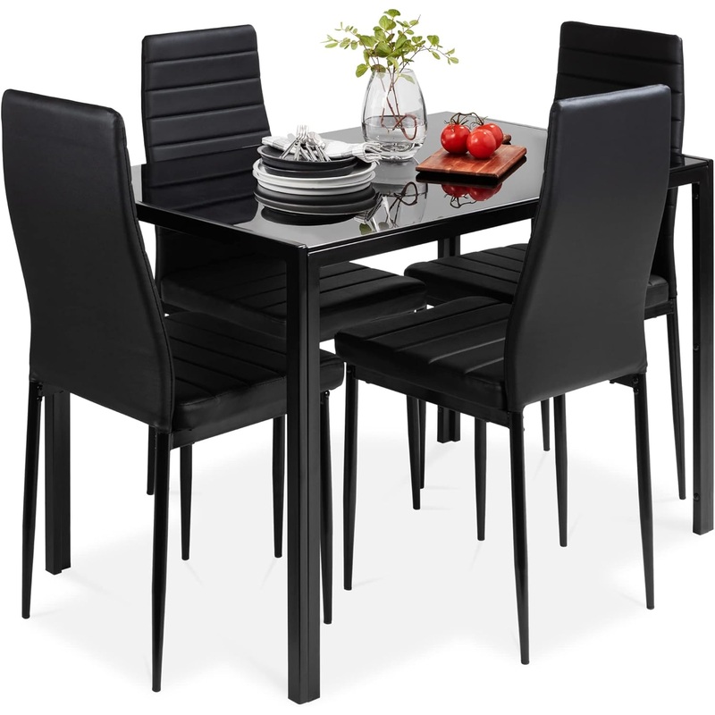 Best Choice Products 5-Piece Kitchen Dining Table Set for Dining Room, Kitchen, Dinette, Compact Space w/Glass Tabletop, 4 Faux Leather Metal Frame Chairs – Black | Bigbigmart.com
