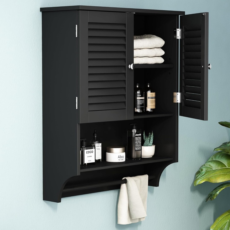 ChooChoo Bathroom Wall Cabinet with Towels Bar, 23.6 L x8.9 W x29.3 H MDF Material Medicine Cabinet, 2 Doors Over The Toilet Space Saver Storage Cabinet with Large Space, Black | Bigbigmart.com