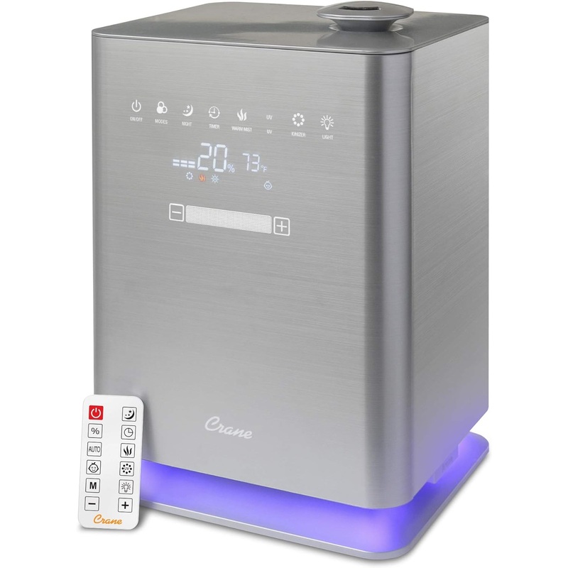 Crane Warm & Cool Mist Top Fill Humidifier with Remote, 1.2 Gallon, 500 Sq. Ft Coverage, UV Ionizing Light, Metallic | Bigbigmart.com