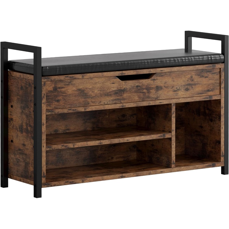 IRONCK Shoe Storage Bench, Entryway Bench with Lift Top Storage Box, Metal and Board Bench for Entryway, 2-Tier Shoe Rack Organizer for Entryway, Bedroom, Hallway, Industrial, Vintage Brown | Bigbigmart.com