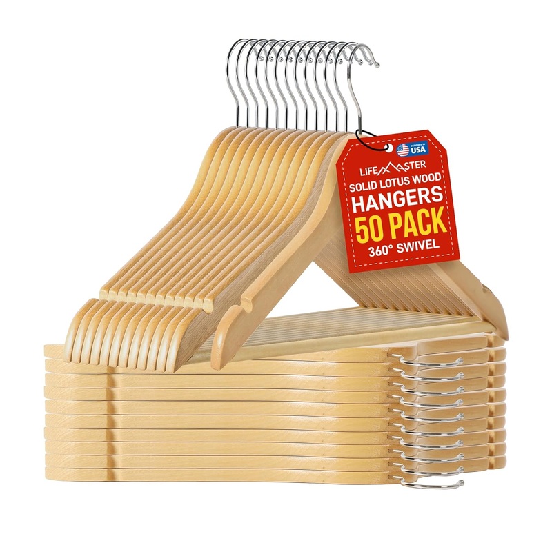 Lifemaster Tough Long Lasting Solid Maple Wooden Clothes Hangers – Pack of 50 Natural Wood Hangers with Rotating Swivel Hooks and Built-in Notches to Organize Jackets, Shirts, and Pants | Bigbigmart.com