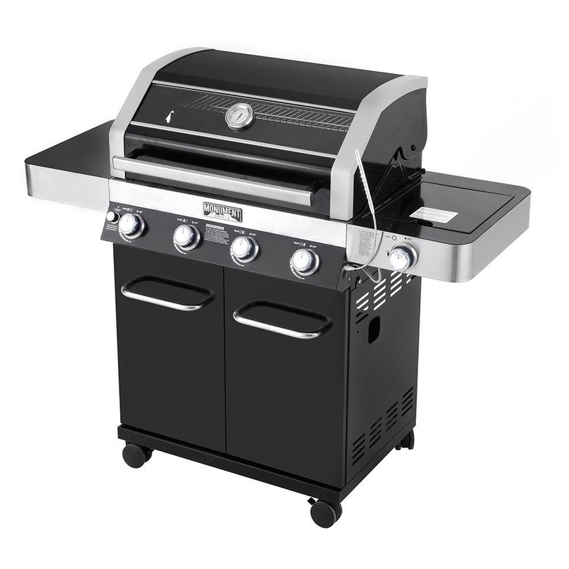 Monument Grills 24633 4-Burner Propane Gas Grill in Black with ClearView Lid, LED Controls, Side Burner and USB Light | Bigbigmart.com