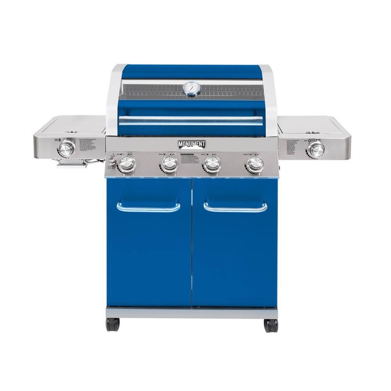 Monument Grills 35633B 4-Burner Propane Gas Grill in Blue with Clear View Lid, LED Controls, Side and Sear Burners | Bigbigmart.com