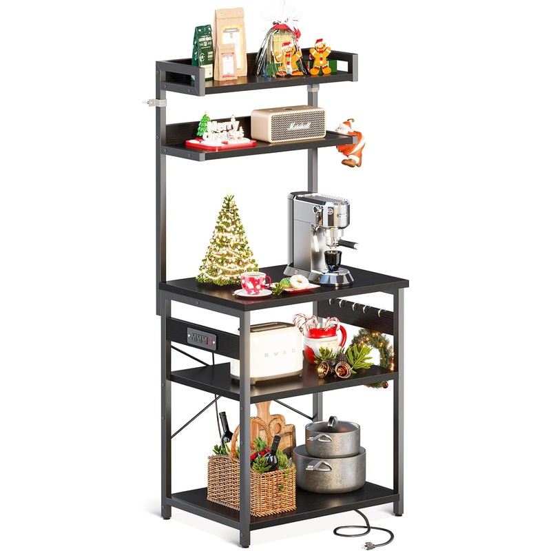 ODK Bakers Rack with Power Outlet, Coffee Bar with Storage 5-Tiers, Microwave Stand Kitchen Rack 16.5 * 23.6 * 59 inches, Kitchen Shelf, Black | Bigbigmart.com