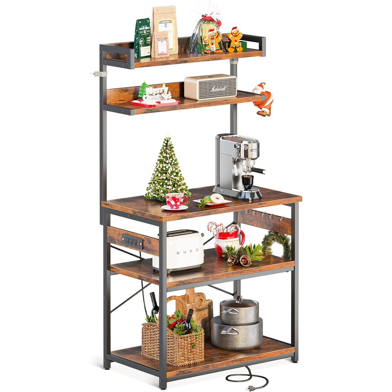 ODK Bakers Rack with Power Outlet, Coffee Bar with Storage 5-Tiers, Microwave Stand Kitchen Rack 16.5 * 31.5 * 59 inches, Kitchen Shelf, Black | Bigbigmart.com