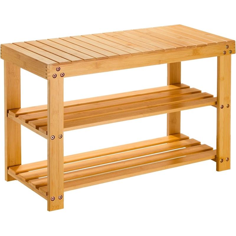 Pipishell Bamboo Shoe Rack Bench, 3 Tier Sturdy Shoe Organizer, Storage Shoe Shelf, Holds up to 300lbs for Entryway Bedroom Living Room Balcony, Bamboo | Bigbigmart.com