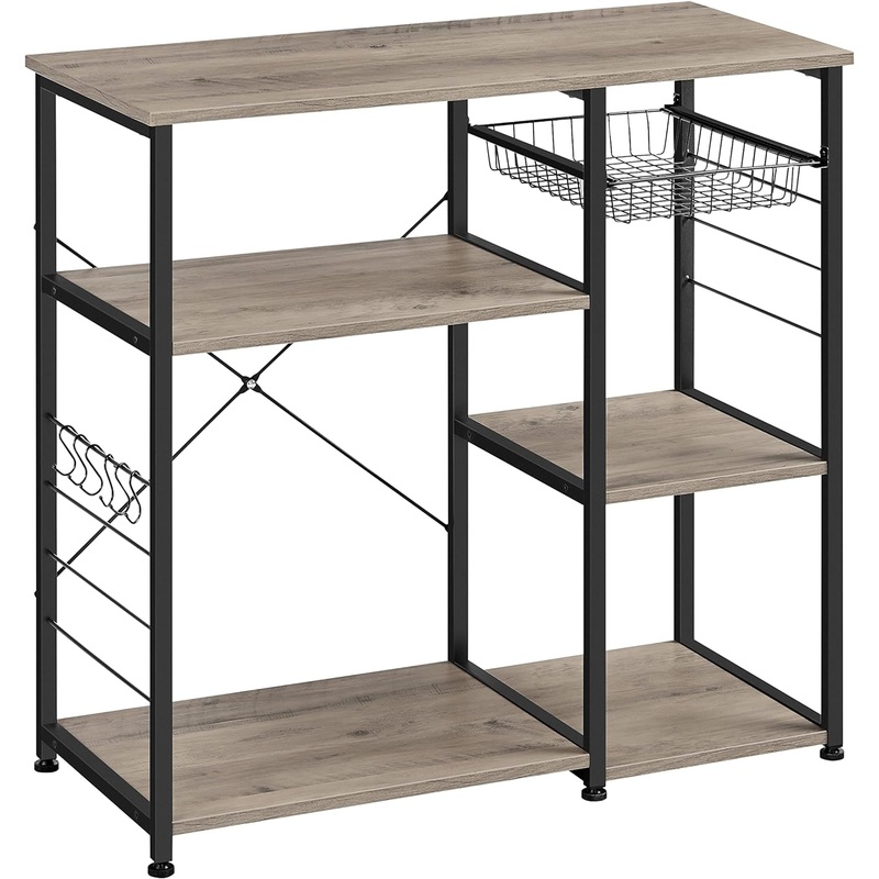 VASAGLE ALINRU Kitchen Bakers Rack, Coffee Bar, Microwave Oven Stand, with Steel Frame, Wire Basket, 6 Hooks, for Mini Oven, Spices Utensils, Industrial, Greige and Black UKKS090B02 | Bigbigmart.com