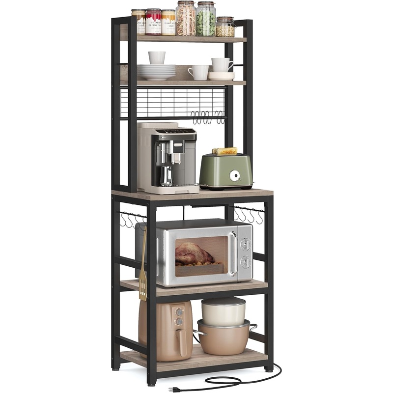 VASAGLE Hutch Bakers Rack with Power Outlet, 14 Hooks Microwave Stand, Adjustable Coffee Bar with Metal Wire Panel, Kitchen Storage Shelf, 15.7 x 39.4 x 66.9 Inches, Rustic Brown and Black UKKS038B01 | Bigbigmart.com