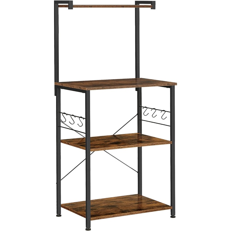 VASAGLE Kitchen Storage, Bakers Rack, Coffee Bar, 3-Tier Shelf, 6 S-Hooks, for Microwave, Spice Jars, Pots and Pans, Industrial, Rustic Brown and Black UKKS023B01 | Bigbigmart.com