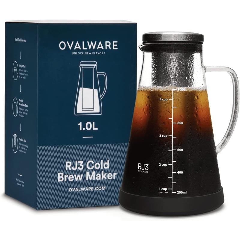 Airtight Cold Brew Iced Coffee Maker Pitcher and Tea Infuser with Spout – 1.0L / 34oz Ovalware RJ3 Brewing Glass Carafe with Removable Stainless Steel Filter | Bigbigmart.com