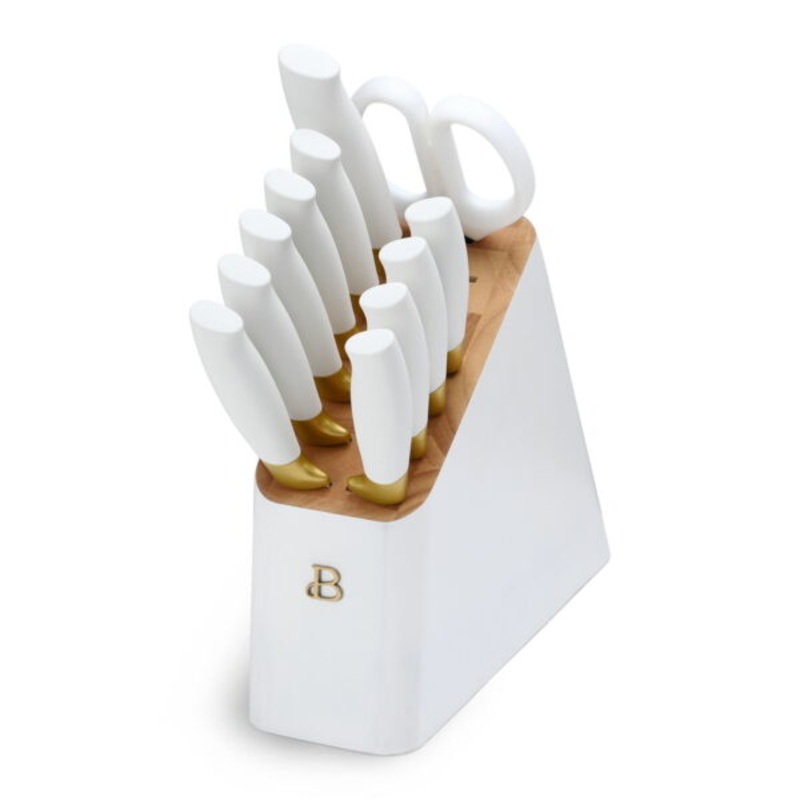 Beautiful 12 Piece Knife Block Set with Soft-Grip Ergonomic Handles White and Gold by Drew Barrymore | Bigbigmart.com