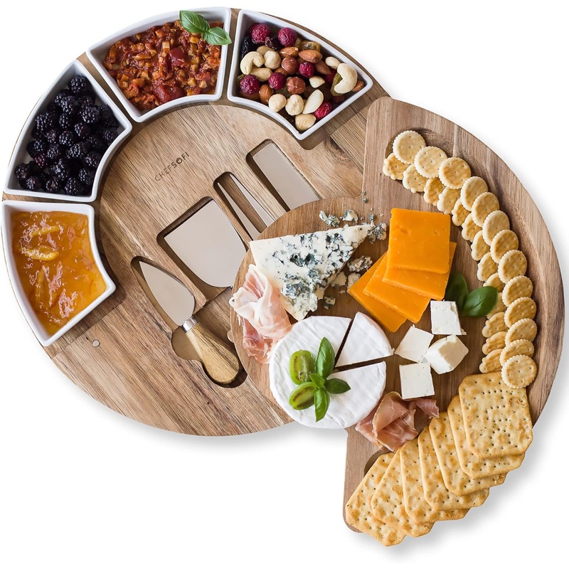 Charcuterie Cheese Board and Platter Set – Made from Acacia Wood – US Patented 13 inch Cheese Cutting Board and Knife for Entertaining and Serving – 4 Knives and 4 Bowls | Bigbigmart.com