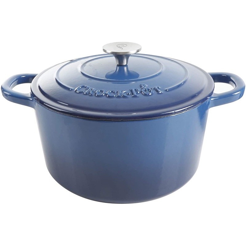 Crock-Pot 5 Quart Round Enamel Cast Iron Covered Dutch Oven Food Cooker, Blue | Bigbigmart.com