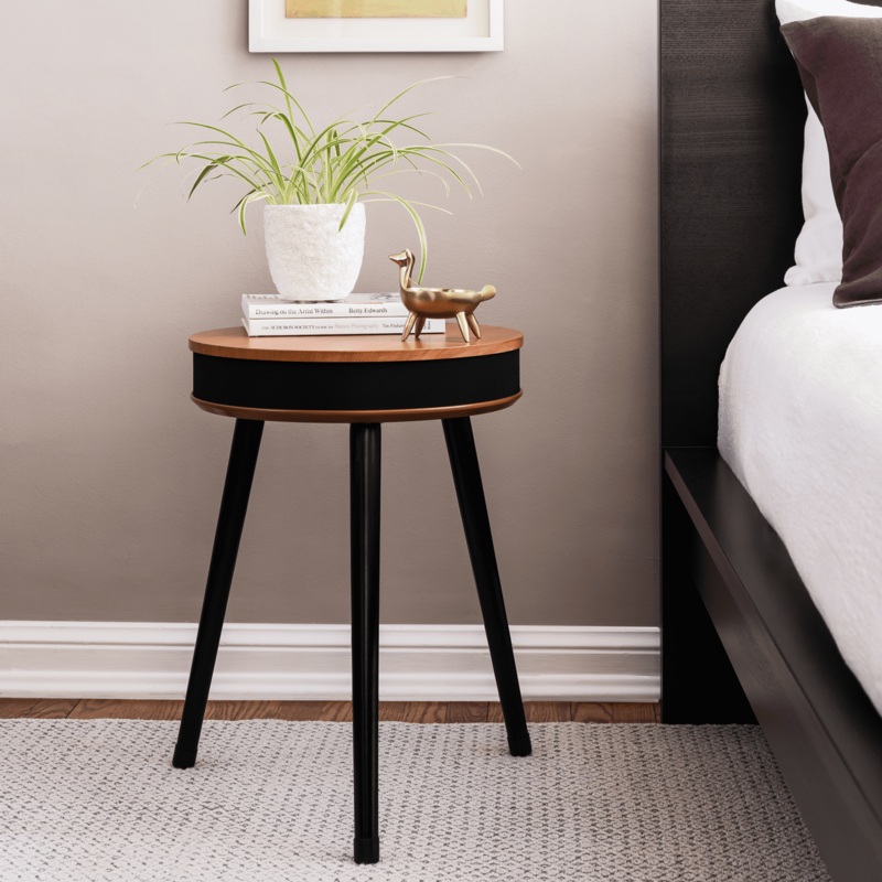 DecorTech Round End Table with Bluetooth Speaker and USB Charging Port, Walnut | Bigbigmart.com