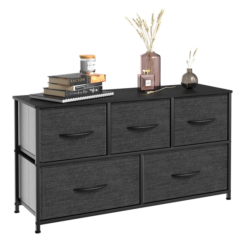 Dextrus Wide 5 Drawer Storage Organizer Wooden Top Shelf for Closets, Black Grey | Bigbigmart.com