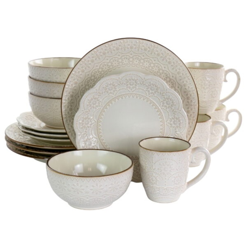 Elama Contessa 16 Piece Embossed Scalloped Stoneware Dinnerware Set in Ivory | Bigbigmart.com