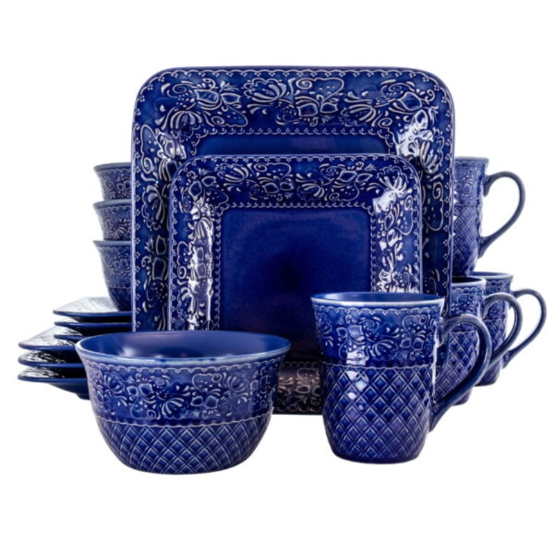Elama Indigo Lotus 16 Pieces Square Dinnerware Set | Bigbigmart.com
