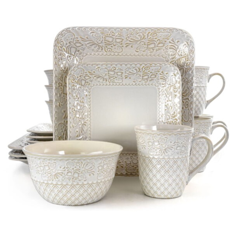 Elama Ivory Lotus 16 Pieces Square Dinnerware Set | Bigbigmart.com
