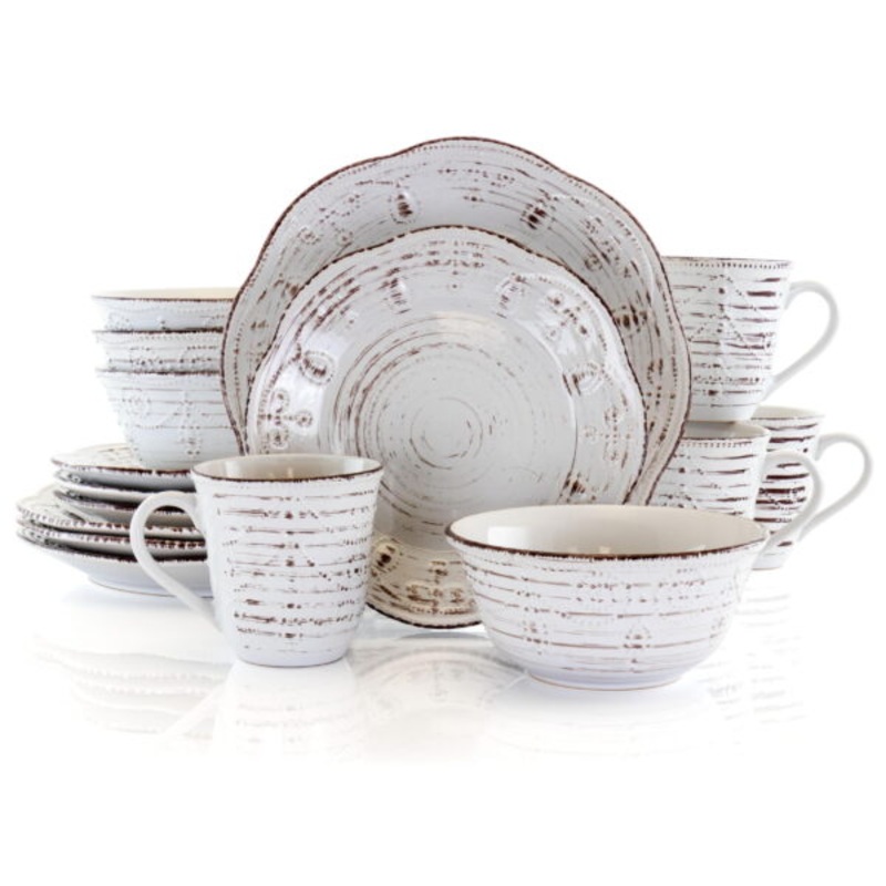 Elama Rustic Birch 16 Piece Stoneware Round Dinnerware Set | Bigbigmart.com