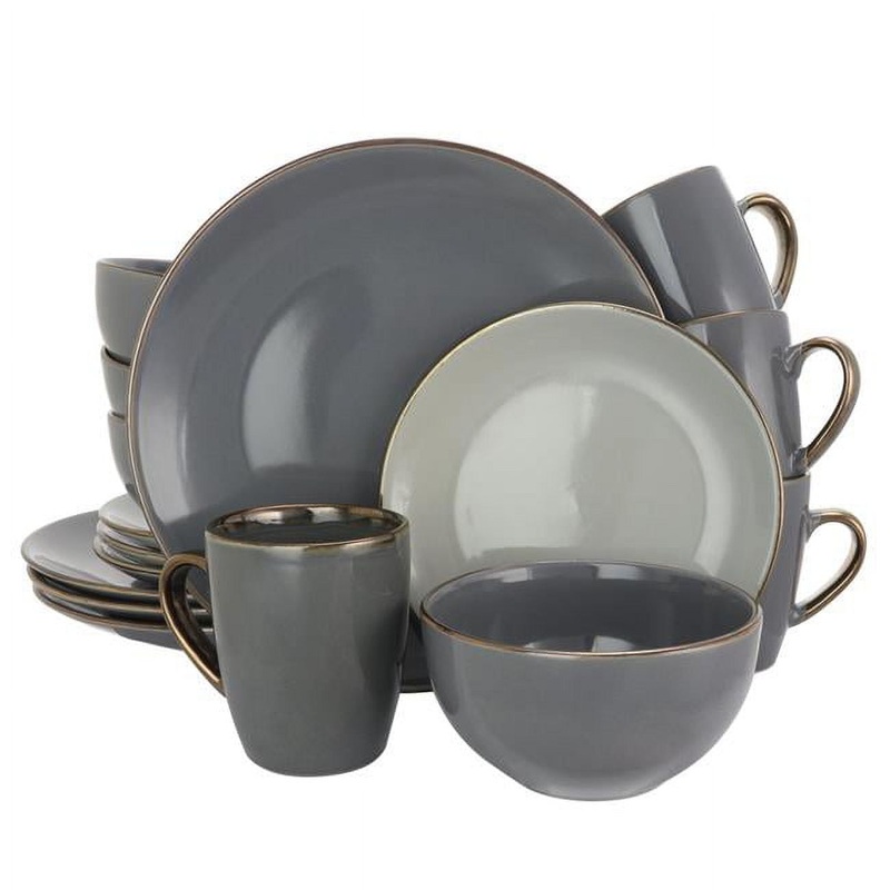 Elama Tahitian Grand 16 Pieces Luxurious Dinnerware Set in Stone, Slate | Bigbigmart.com