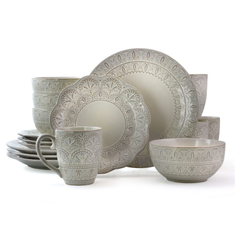 Elama White Lace 16 Piece Luxurious Stoneware Dinnerware with Complete Setting for 4 | Bigbigmart.com