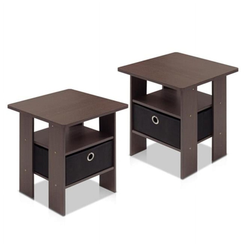 Furinno Andrey End Table Nightstand with Bin Drawer, Set of 2, Dark Brown | Bigbigmart.com