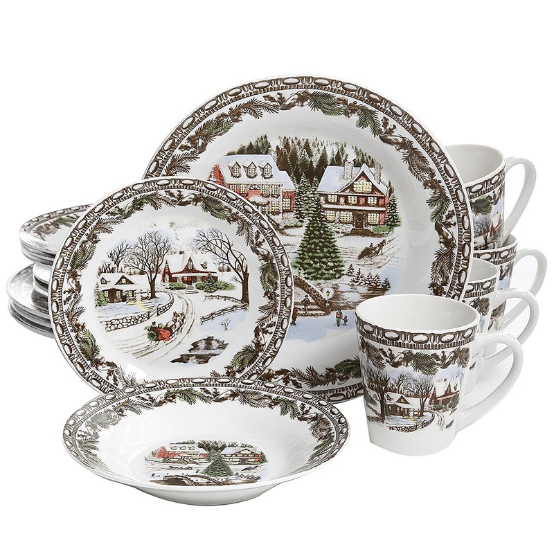 Gibson Christmas Toile 16 Piece Ceramic Dinnerware Set | Bigbigmart.com