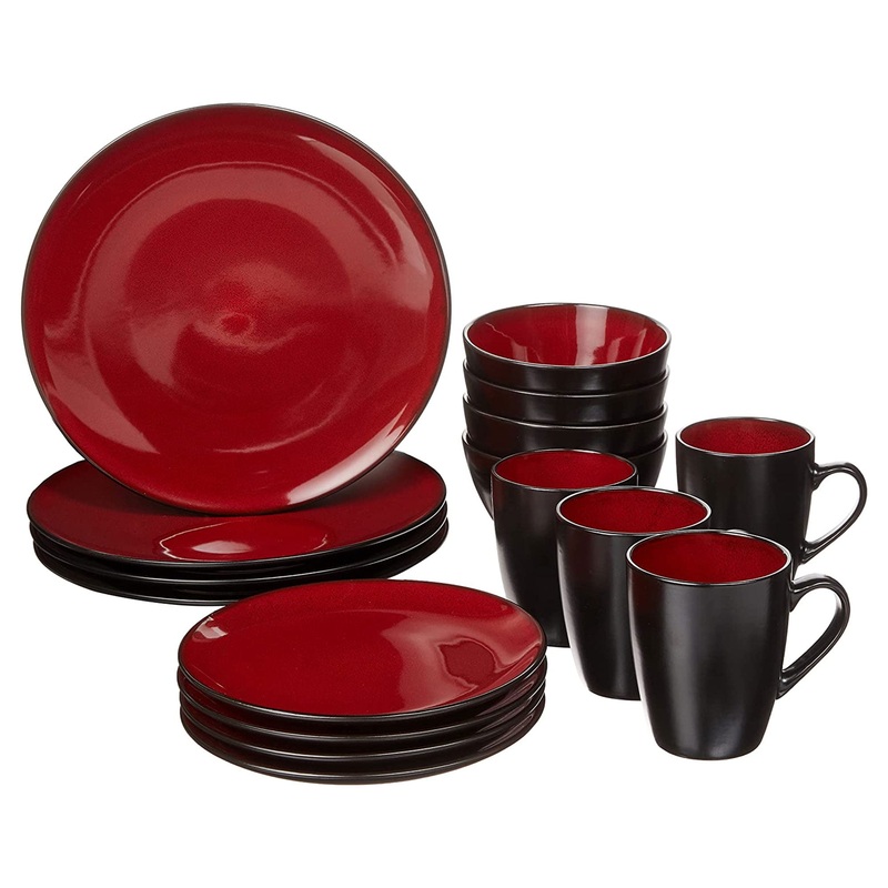 Gibson Soho Lounge 16 Piece Round Glaze Dinnerware Plates, Bowls, Mugs, Red | Bigbigmart.com