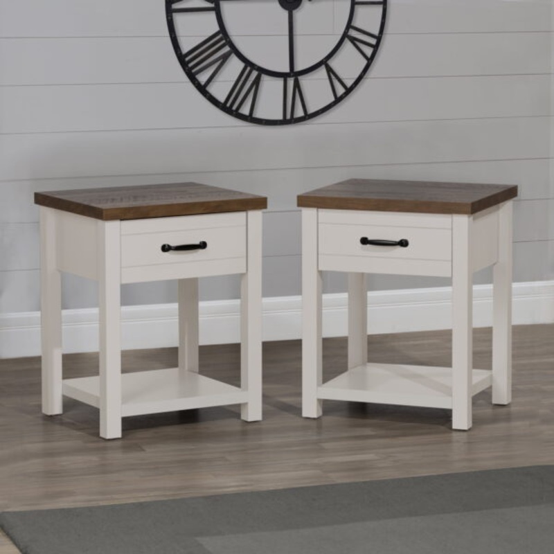 Hillsdale Lancaster Farmhouse Oak Top 1 Drawer Nightstand, Set of 2, Ivory | Bigbigmart.com