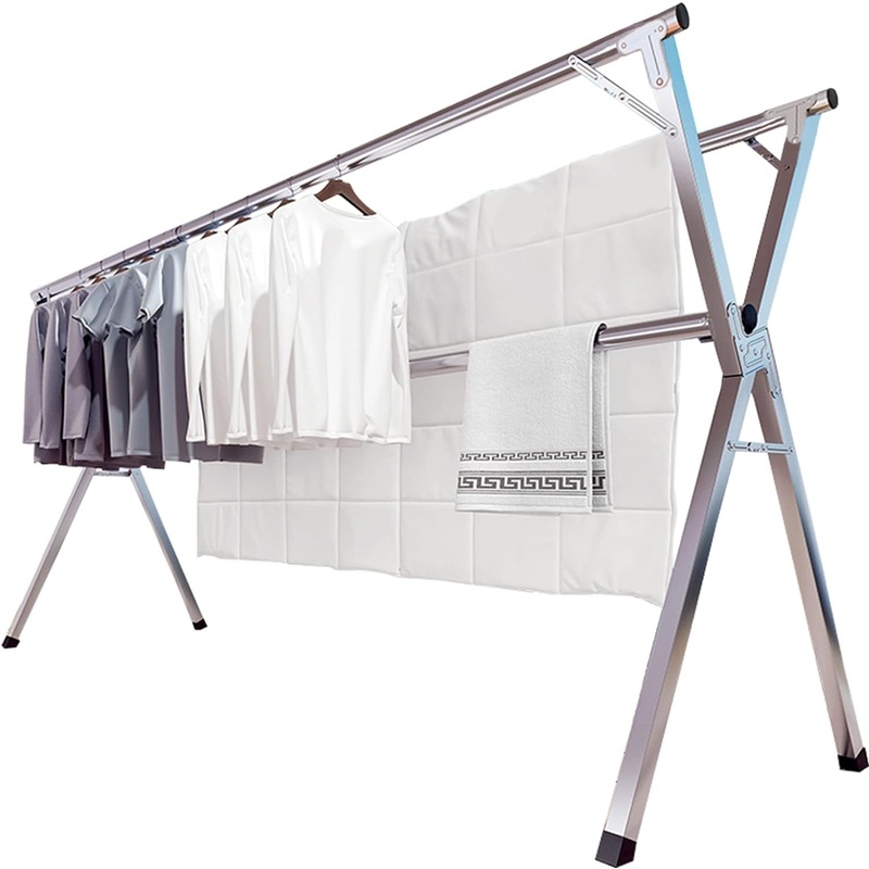 JAUREE 95 Inches Clothes Drying Rack Clothing Folding Indoor Outdoor, Heavy Duty Stainless Steel Laundry Drying Rack, Foldable Portable Garment Rack with 20 Windproof Hooks | Bigbigmart.com