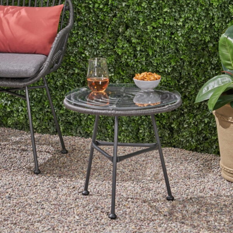 Louise Outdoor Woven Faux Rattan Side Table with Glass Top, Gray and Black Finish | Bigbigmart.com
