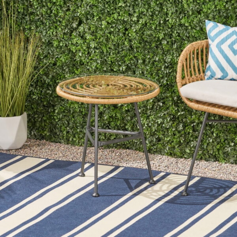 Louise Outdoor Woven Faux Rattan Side Table with Glass Top, Light Brown and Black | Bigbigmart.com