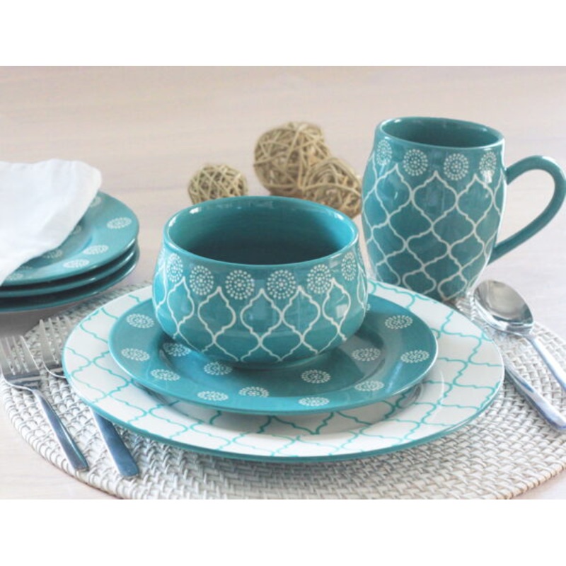 Marcela 16 Piece Stoneware Dinnerware Set, Turquoise Baum | Bigbigmart.com