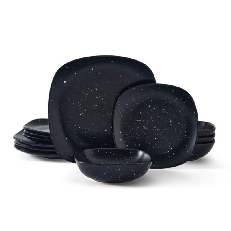 Pfaltzgraff Stella 12-piece Stoneware Square Dinnerware Set in Black Speckle Glaze | Bigbigmart.com