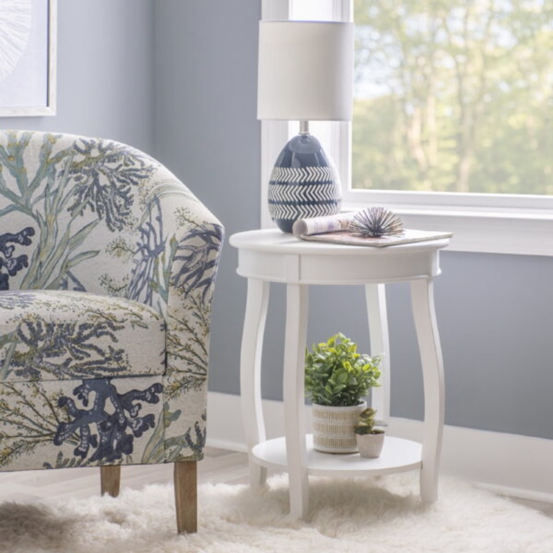 Powell Round Indoor Accent Side Table with Shelf, 24 Tall, White | Bigbigmart.com