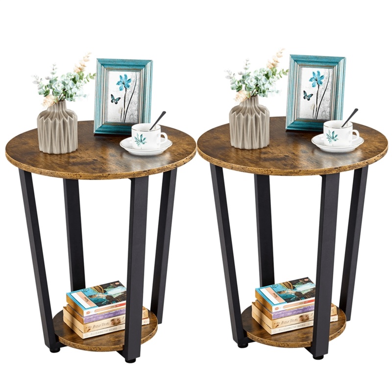 SMILE MART Metal Side Table Industrial Round End Table with Storage Rack, Set of 2, Brown | Bigbigmart.com