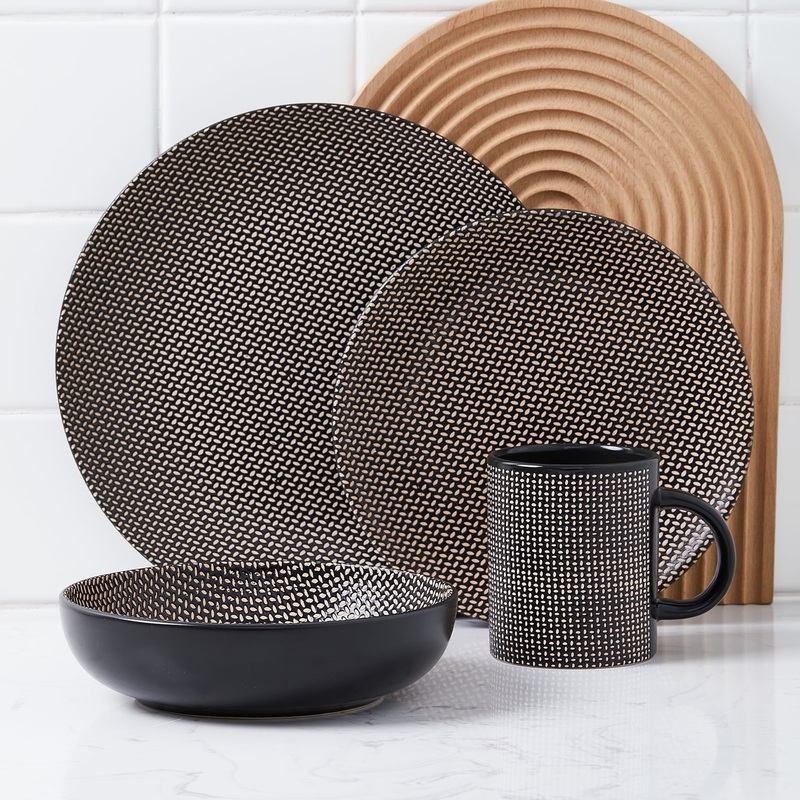Stone Lain Daisy Stoneware Collection, Round Dinnerware Set, 32 Pieces Service for 8, Brown and Black | Bigbigmart.com