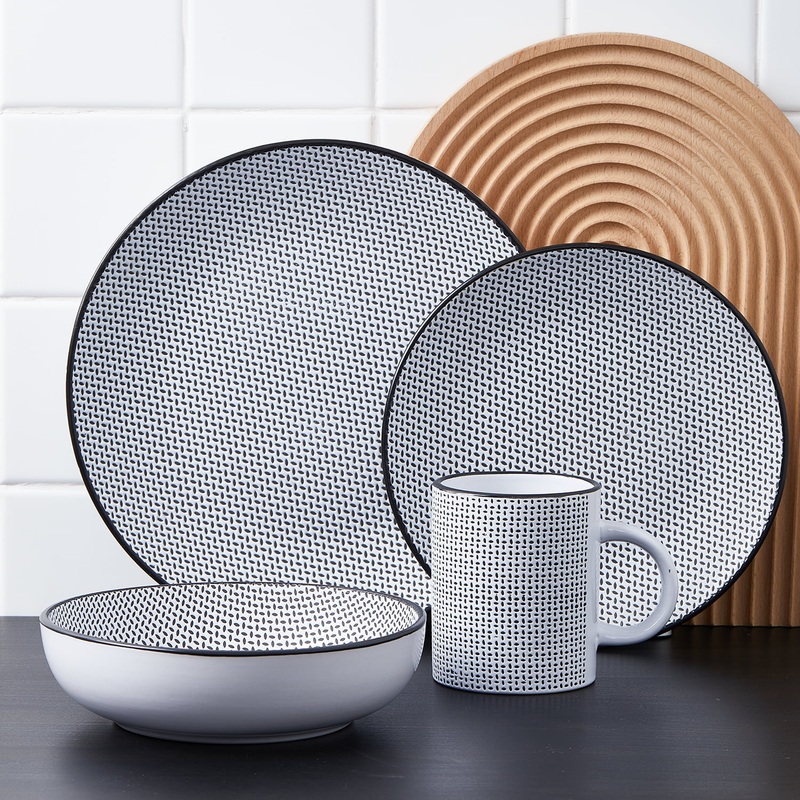 Stone Lain Daisy Stoneware Collection, Round Dinnerware Set, 32 Pieces Service for 8, White and Black | Bigbigmart.com